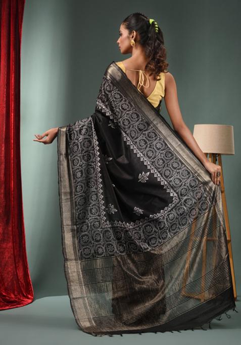 Black Woven Zari Work Silk Blend Saree Set