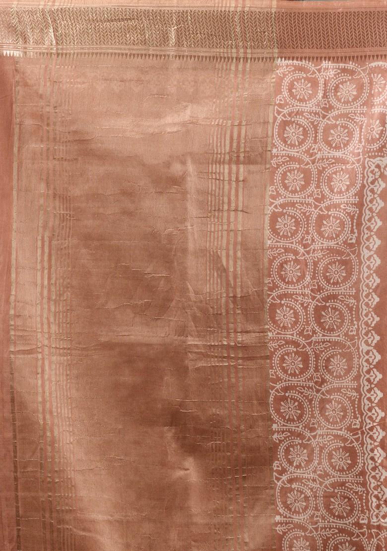 Beige Woven Zari Work Silk Blend Saree Set