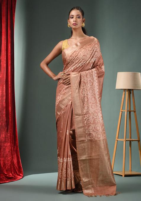 Beige Woven Zari Work Silk Blend Saree Set