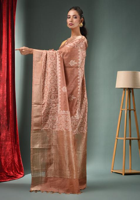 Beige Woven Zari Work Silk Blend Saree Set