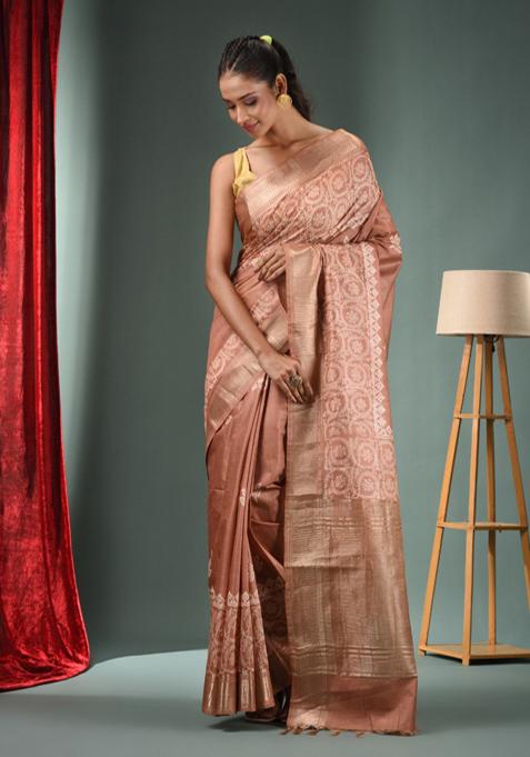 Beige Woven Zari Work Silk Blend Saree Set