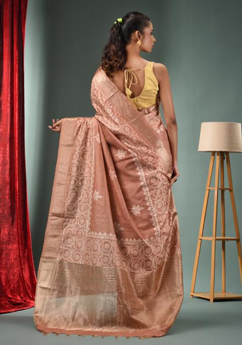 Beige Woven Zari Work Silk Blend Saree Set