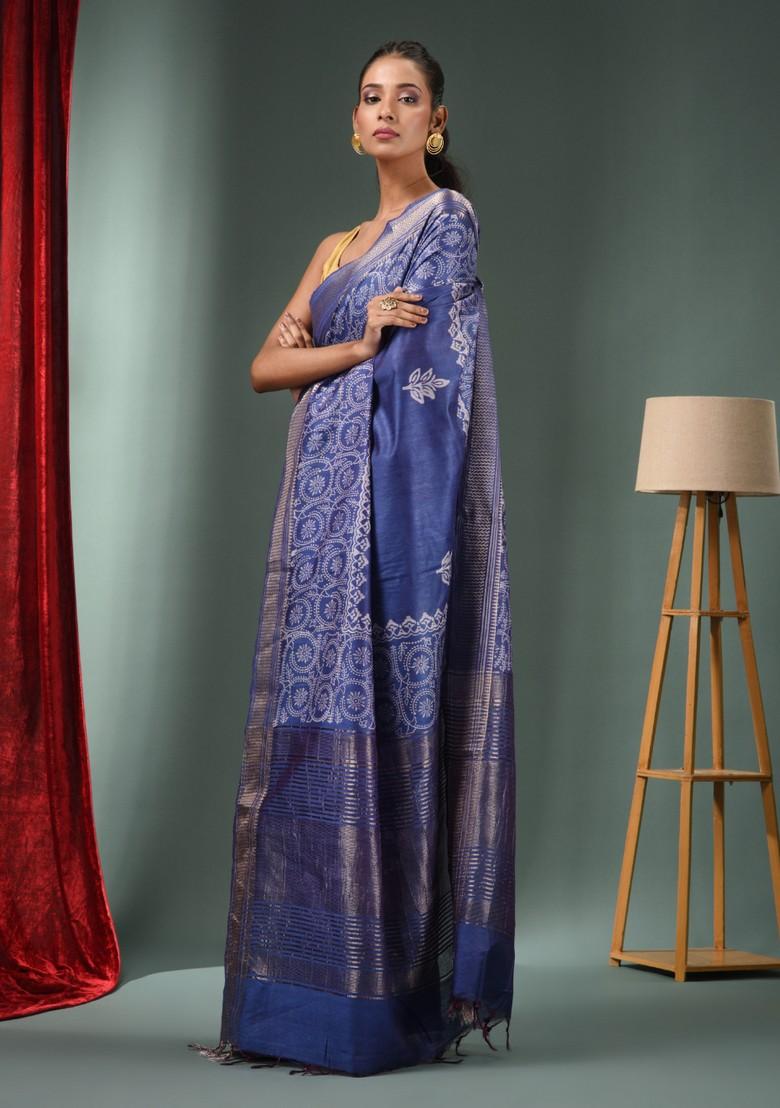 Blue Woven Zari Work Silk Blend Saree Set - Indya
