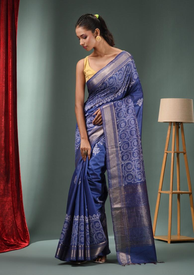 Blue Woven Zari Work Silk Blend Saree Set