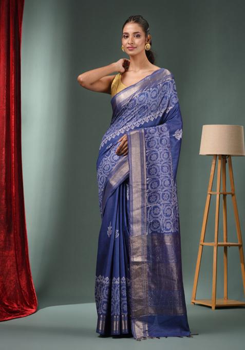 Blue Woven Zari Work Silk Blend Saree Set