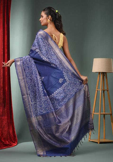 Blue Woven Zari Work Silk Blend Saree Set