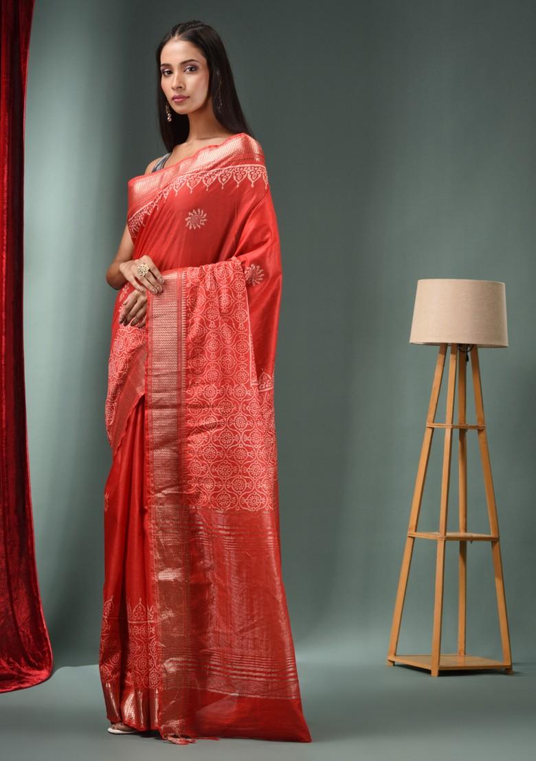 Red Woven Zari Work Silk Blend Saree Set