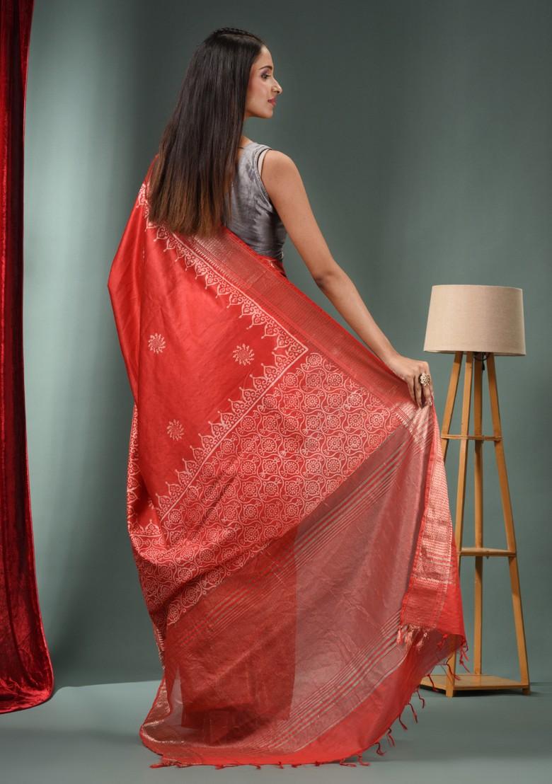 Red Woven Zari Work Silk Blend Saree Set