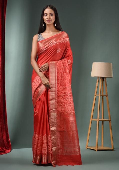 Red Woven Zari Work Silk Blend Saree Set