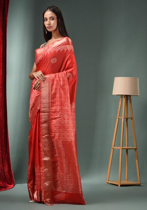 Red Woven Zari Work Silk Blend Saree Set
