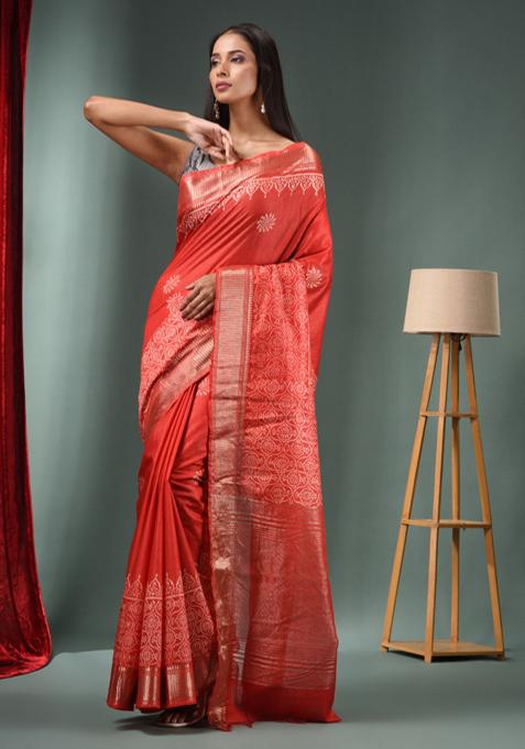 Red Woven Zari Work Silk Blend Saree Set