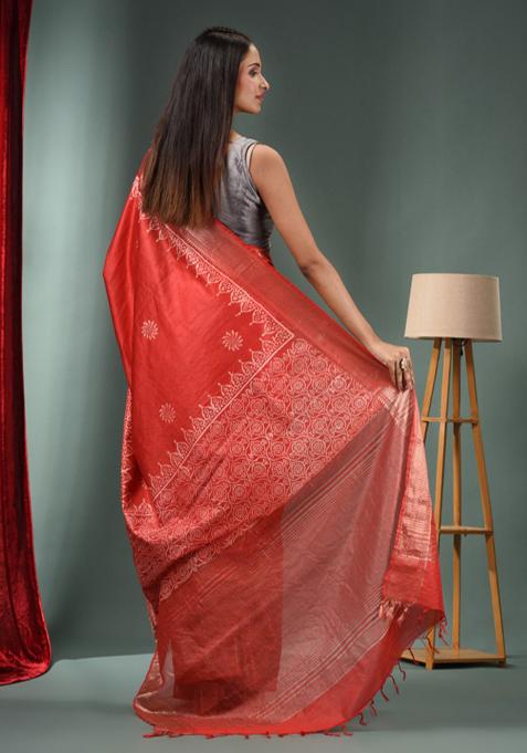 Red Woven Zari Work Silk Blend Saree Set