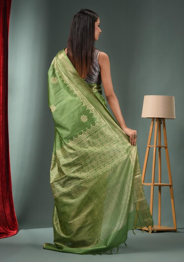 Green Woven Zari Work Silk Blend Saree Set - Indya