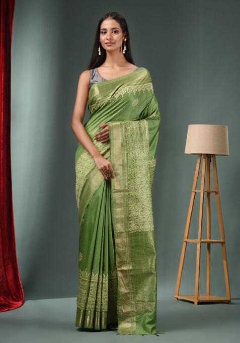 Green Woven Zari Work Silk Blend Saree Set