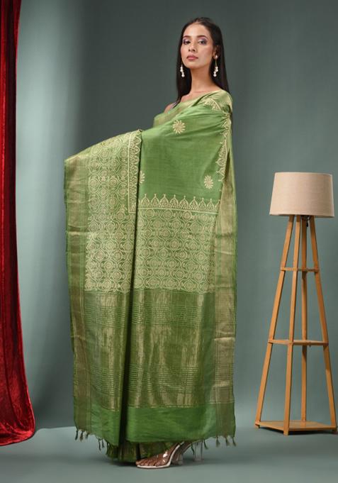 Green Woven Zari Work Silk Blend Saree Set