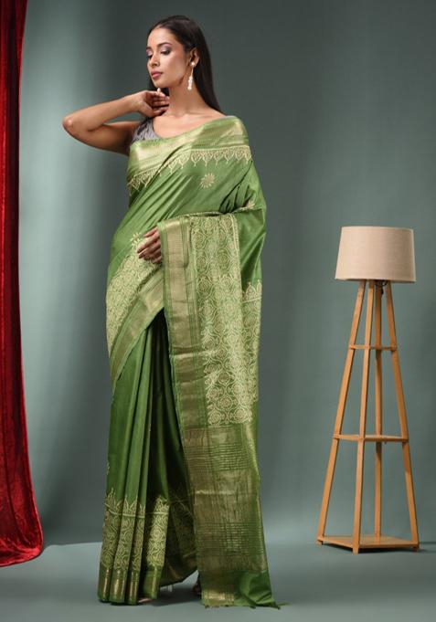 Green Woven Zari Work Silk Blend Saree Set
