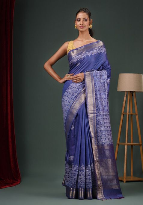 Blue Woven Zari Work Silk Blend Saree Set