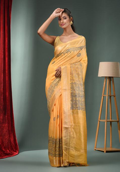 Yellow Woven Zari Work Silk Blend Saree Set