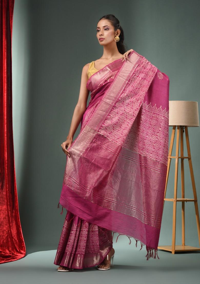 Fuchsia Woven Zari Work Silk Blend Saree Set