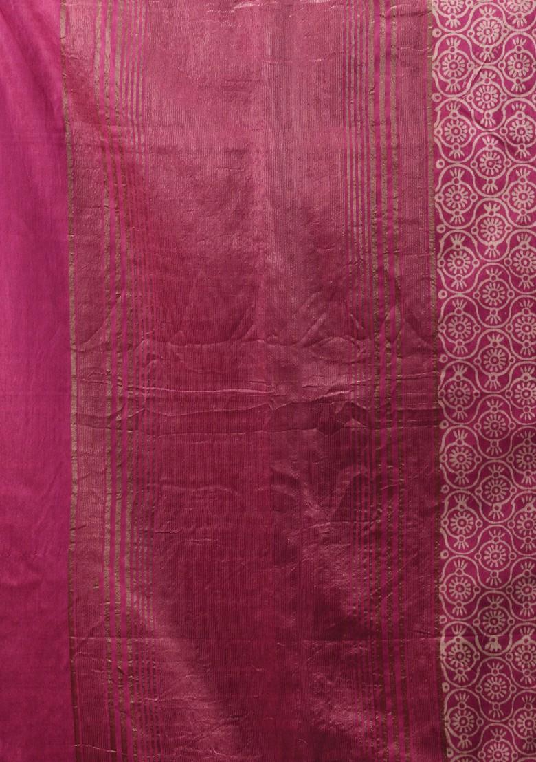 Fuchsia Woven Zari Work Silk Blend Saree Set