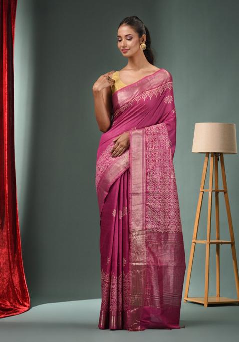 Fuchsia Woven Zari Work Silk Blend Saree Set