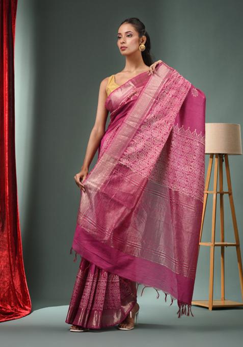 Fuchsia Woven Zari Work Silk Blend Saree Set