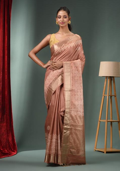 Beige Woven Zari Work Silk Blend Saree Set