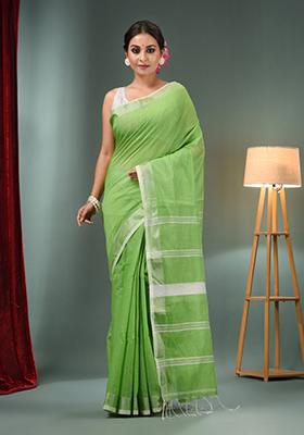 Parrot Green Woven Zari Work Silk Blend Saree Set