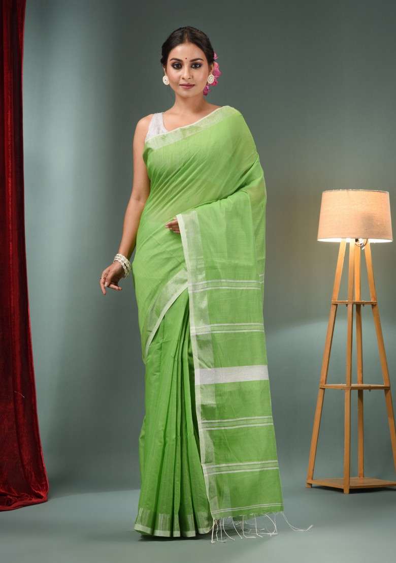Parrot Green Woven Silk Blend Saree Set with Zari Work for Diwali | Wedding & Festive Wear - Indya
