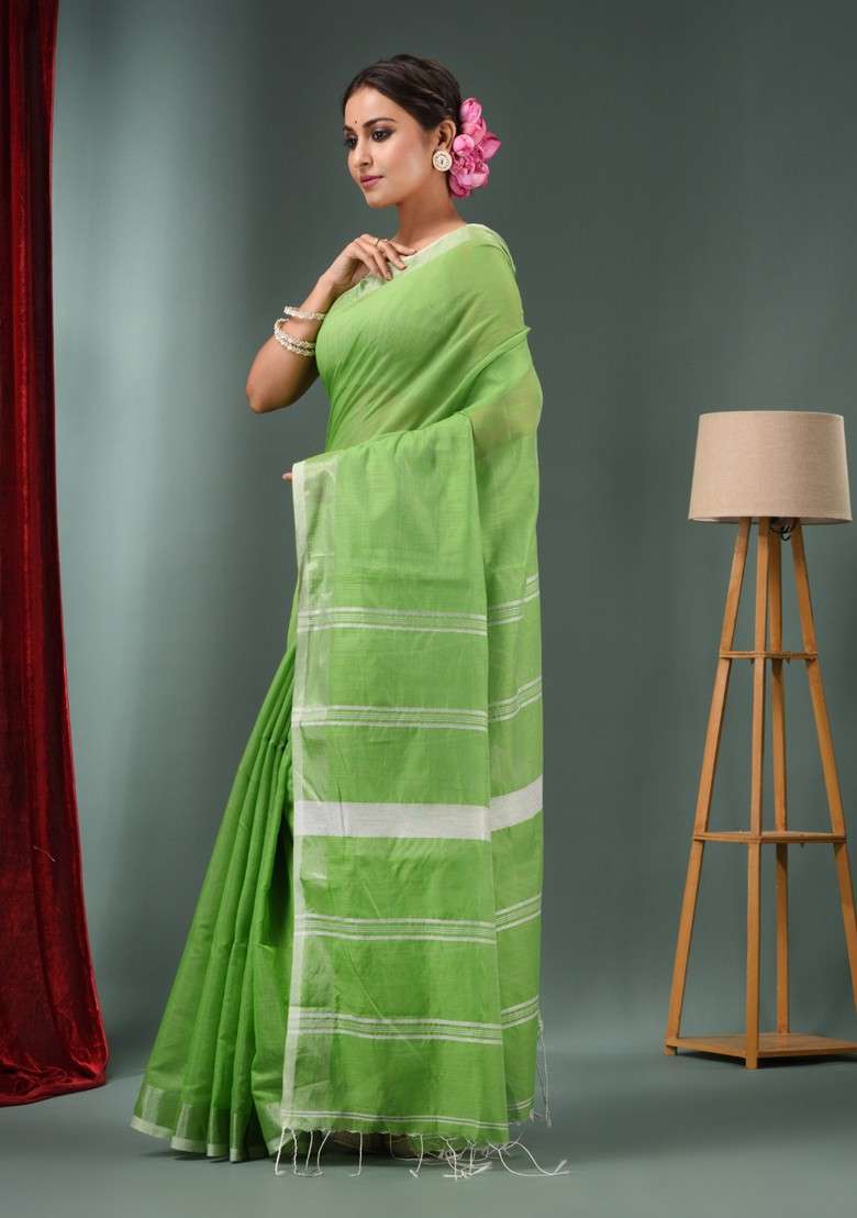 Parrot Green Woven Silk Blend Saree Set with Zari Work for Diwali | Wedding & Festive Wear - Indya