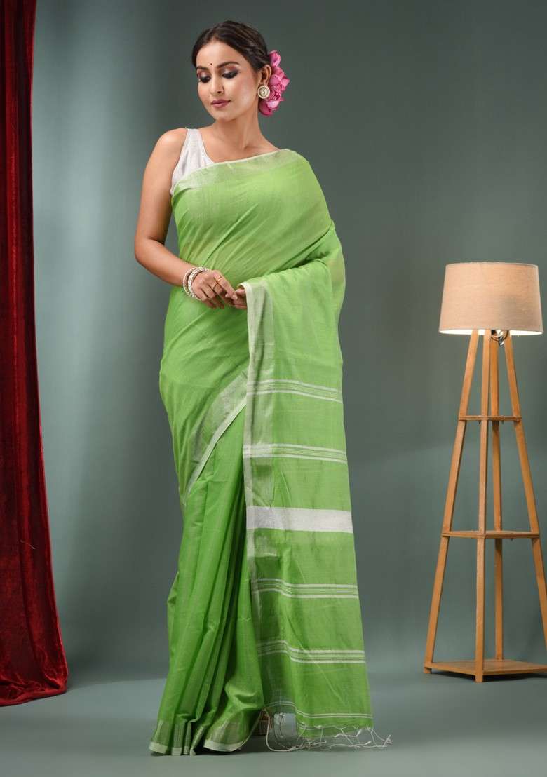 Parrot Green Woven Silk Blend Saree Set with Zari Work for Diwali | Wedding & Festive Wear - Indya