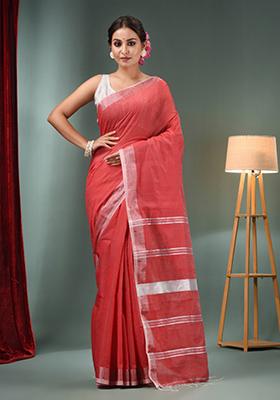 Red Woven Zari Work Cotton Blend Saree Set
