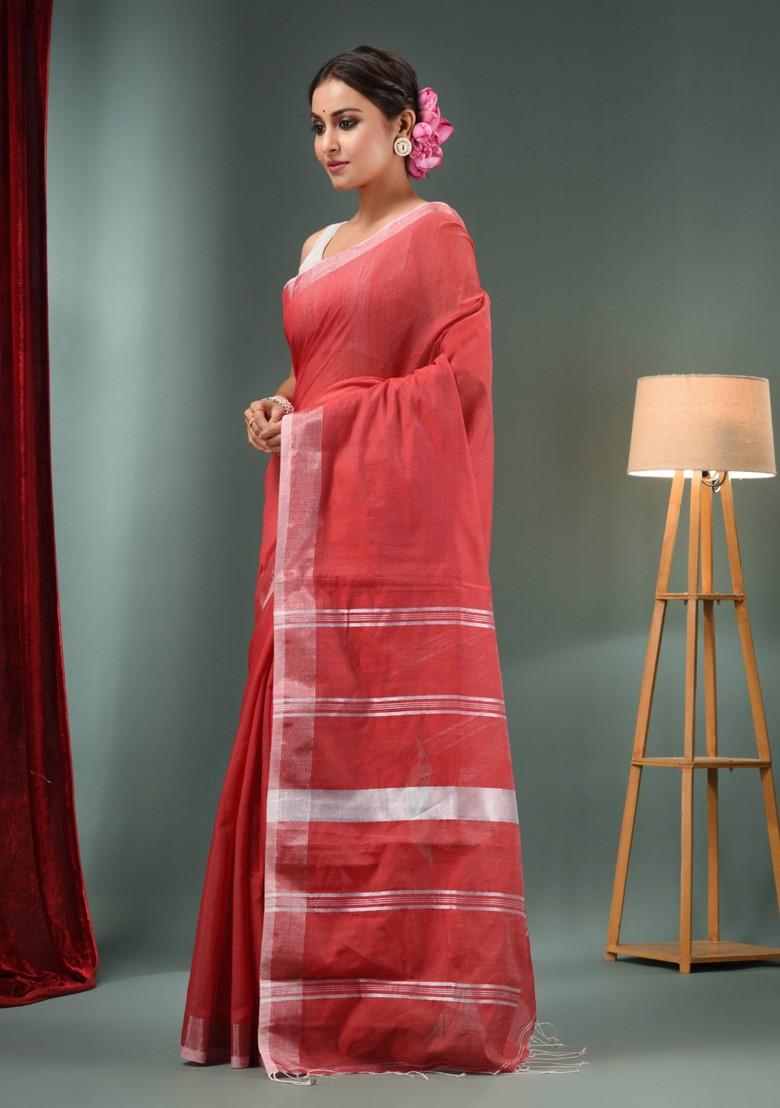 Red Woven Zari Work Cotton Blend Saree Set