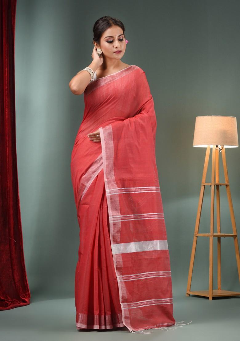Red Woven Zari Work Cotton Blend Saree Set