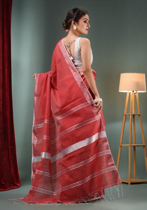 Red Woven Zari Work Cotton Blend Saree Set