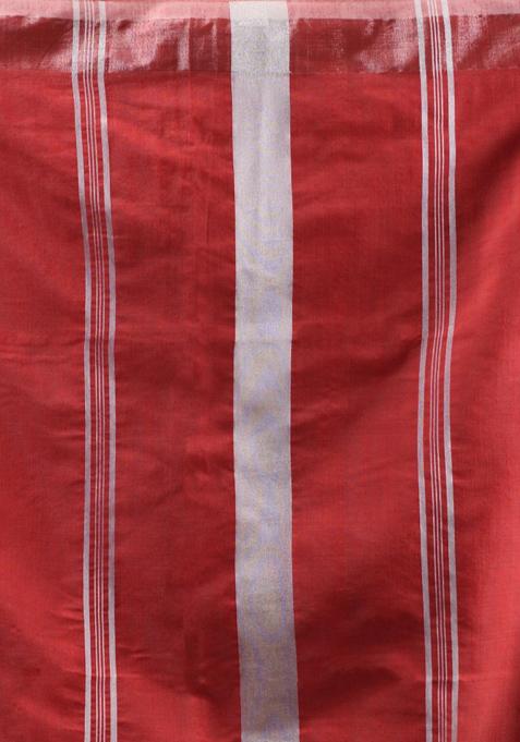 Red Woven Zari Work Cotton Blend Saree Set