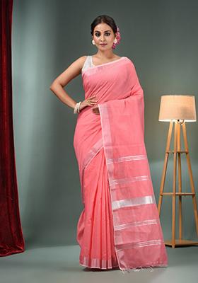 Pink Zari Work Cotton Blend Saree Set