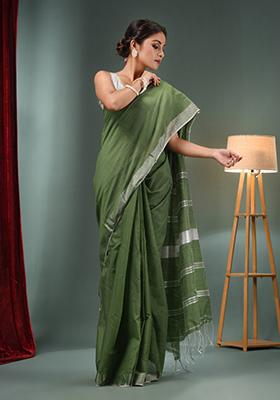 Sapphire Green Woven Zari Work Cotton Blend Saree Set