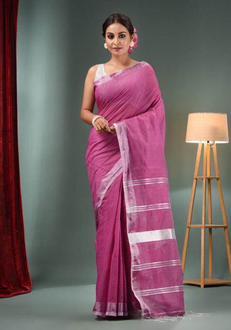 Violet Zari Work Cotton Blend Saree Set