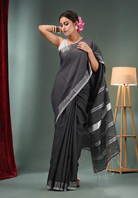 Charcoal Zari Work Cotton Blend Saree Set