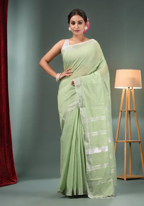 Sage Green Zari Work Cotton Blend Saree Set