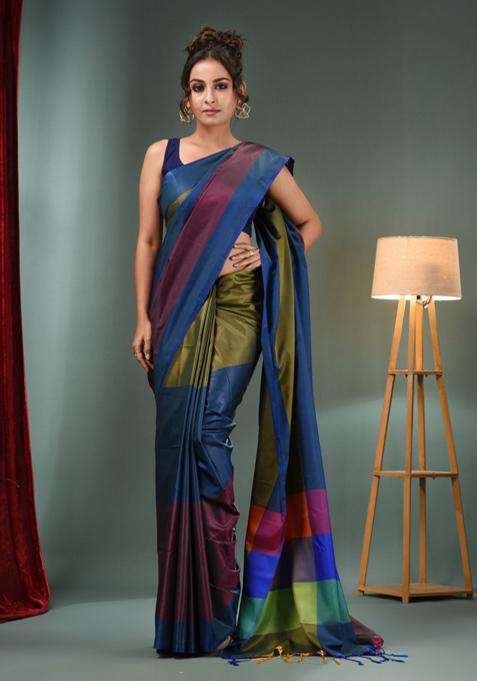 Multicolour Woven Silk Blend Saree Set