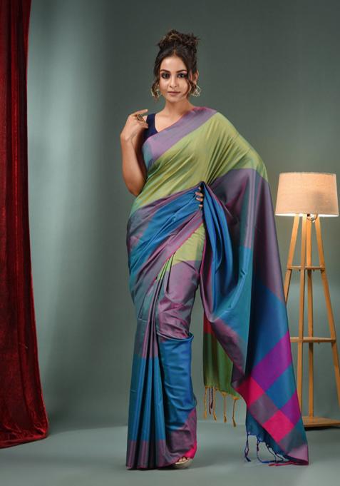 Multicolour Woven Silk Blend Saree Set