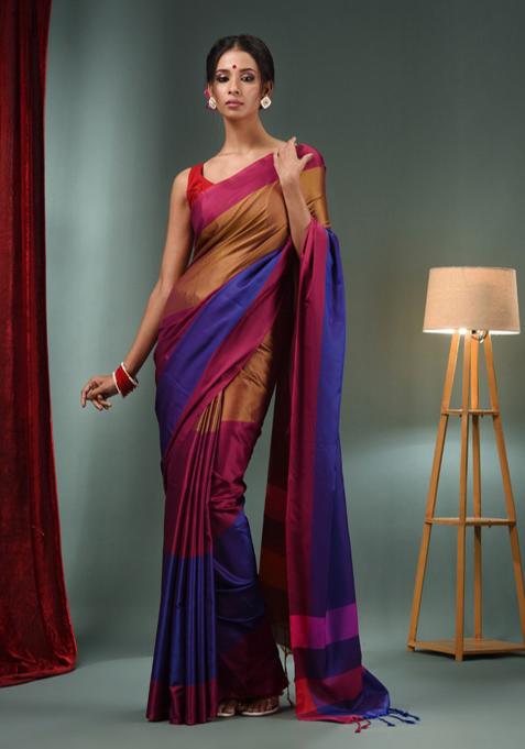 Multicolour Woven Silk Blend Saree Set