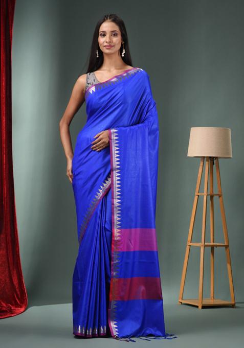 Blue Zari Woven Silk Blend Saree Set