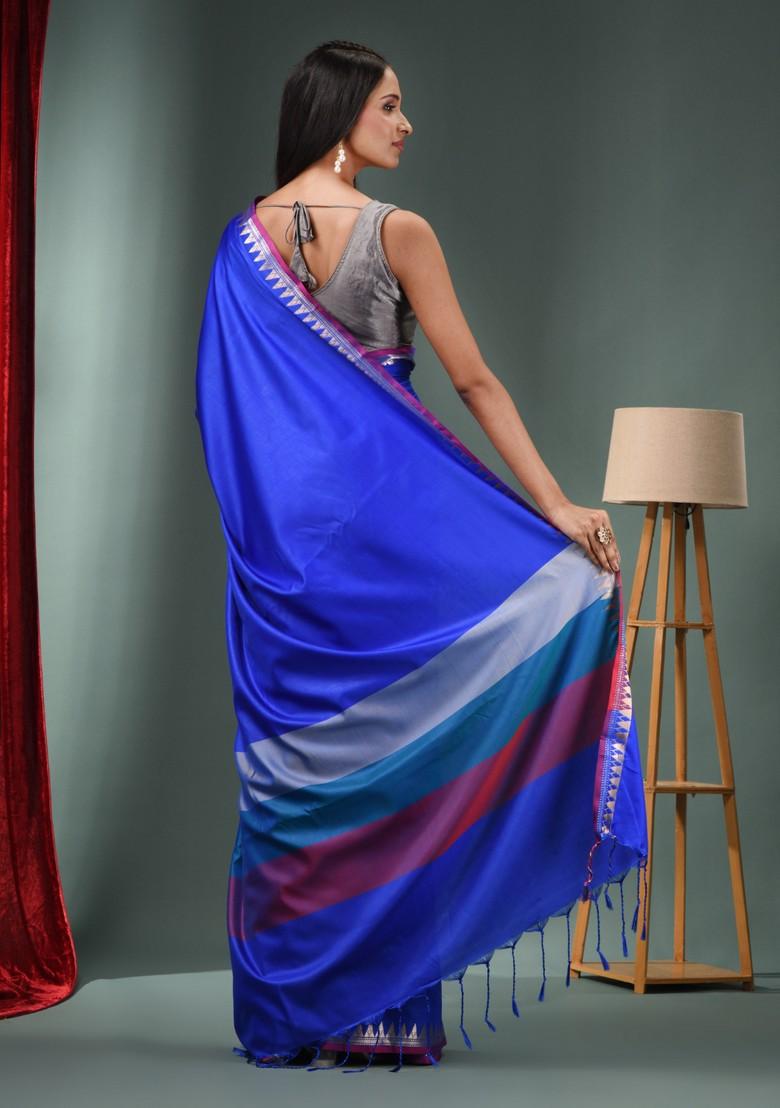 Blue Zari Work Silk Blend Saree Set - Indya