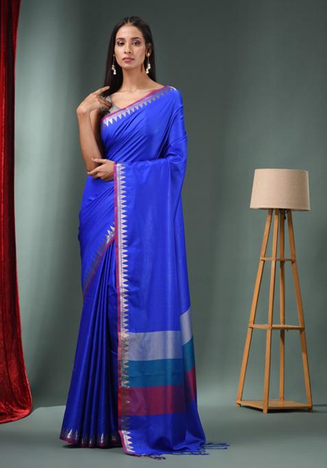 Blue Zari Work Silk Blend Saree Set