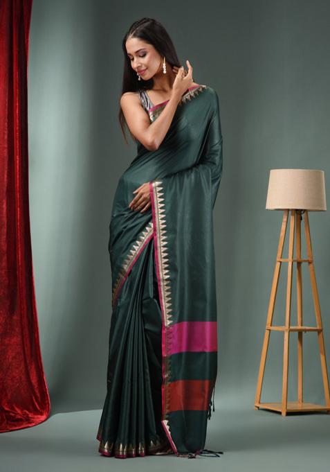 Emerald Green Zari Work Silk Blend Saree Set