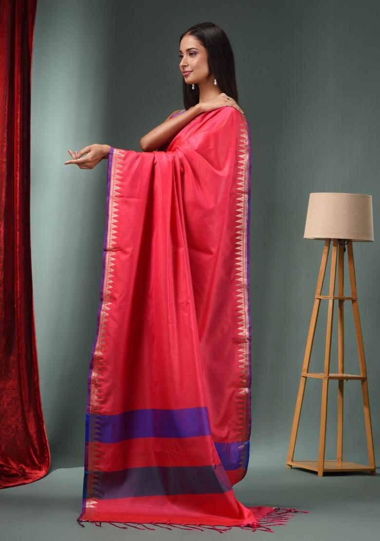 Hot Pink Zari Work Silk Blend Saree Set