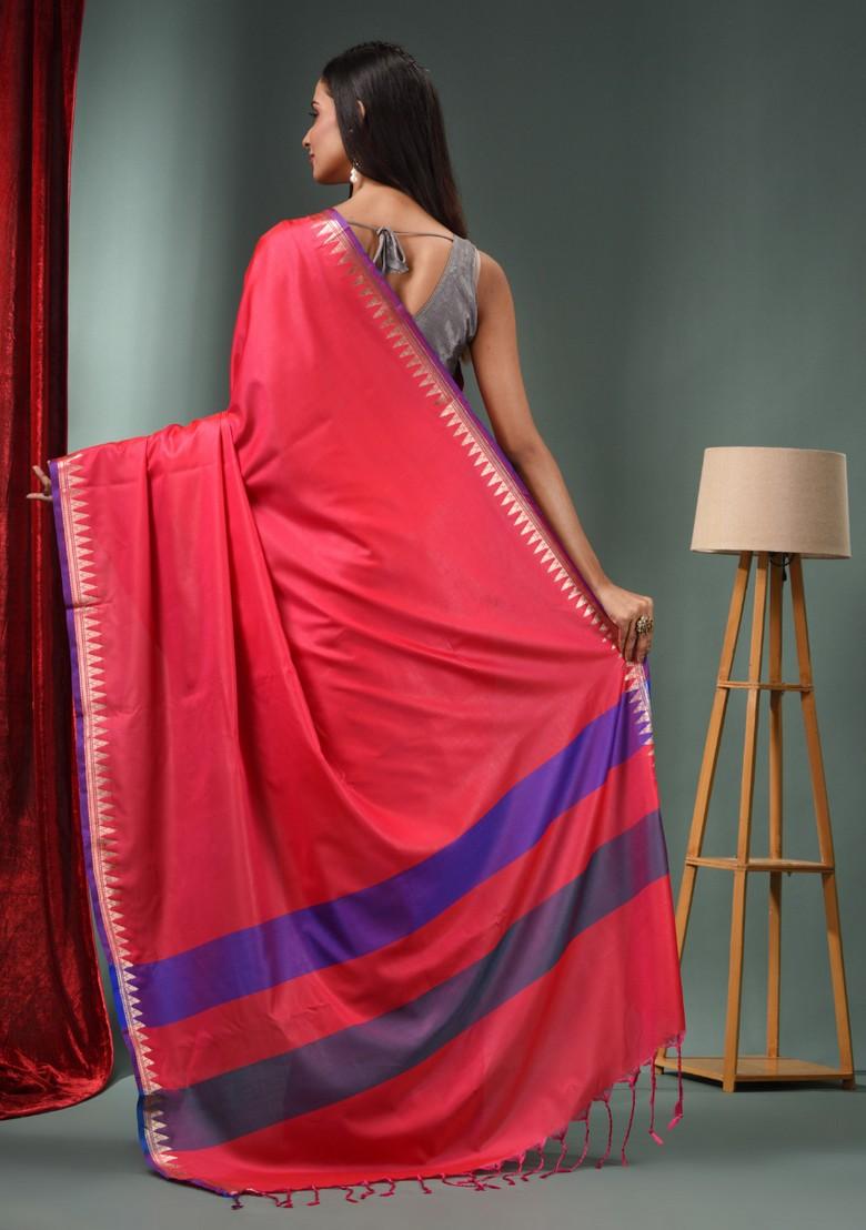 Hot Pink Zari Work Silk Blend Saree Set